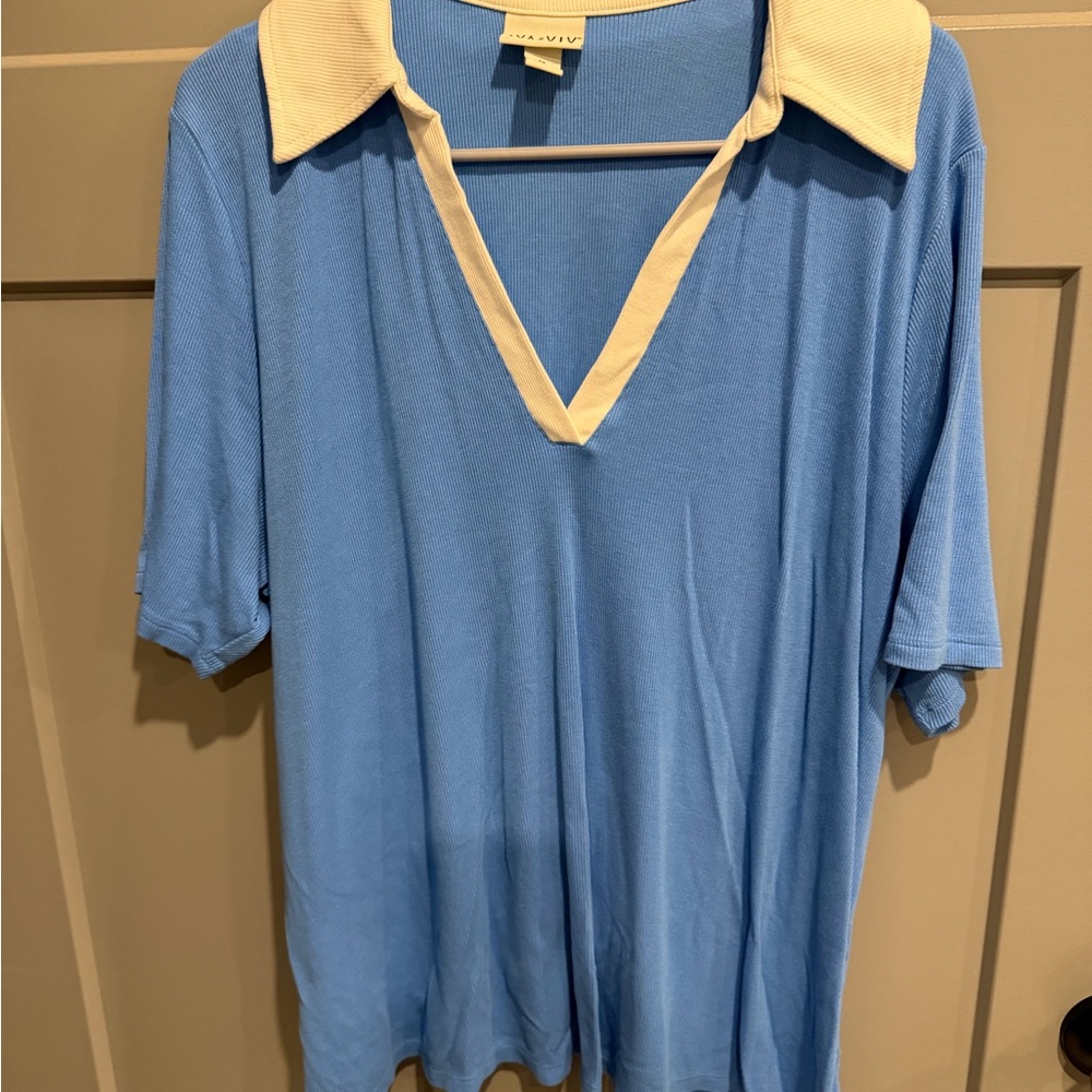 Ava & Viv Blue Polo Top with Cream Trim